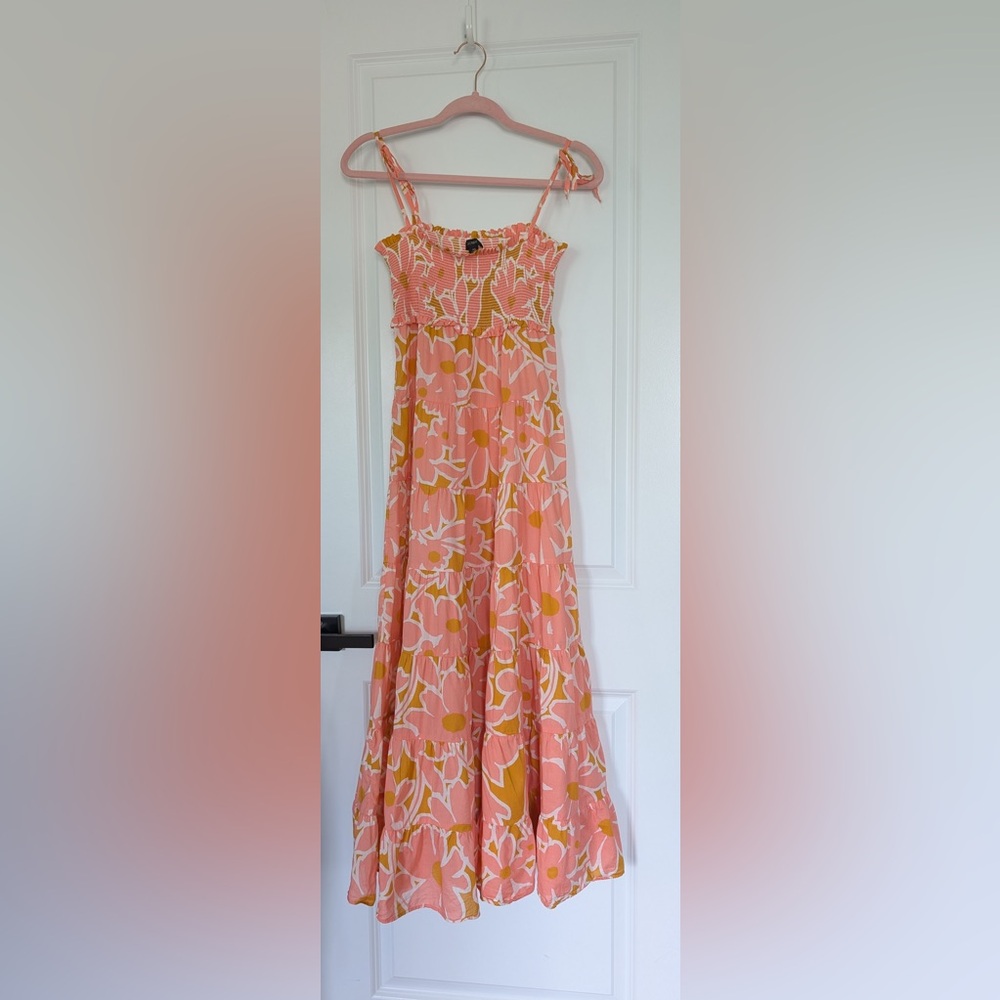 J. Crew Tie-Shoulder Floral Pansy Print Smocked Tiered Maxi Dress XS